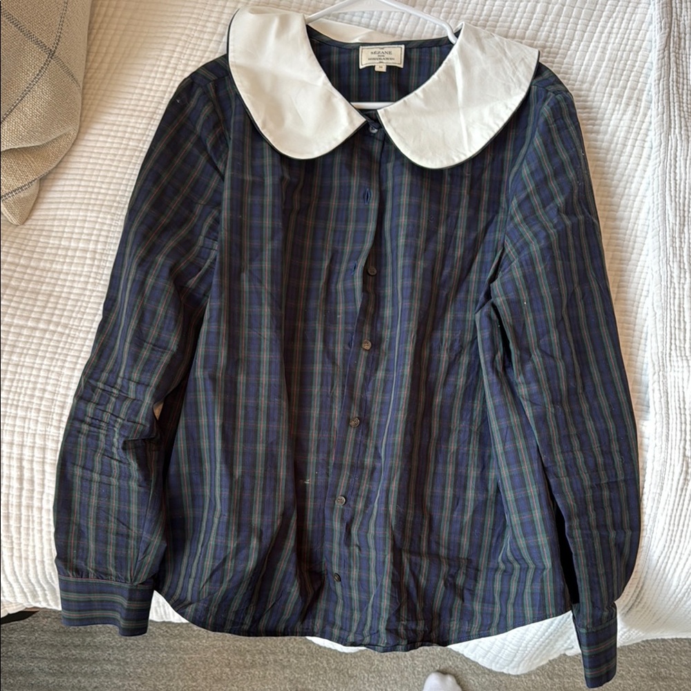 Sezane Navy Green Plaid Button-Up Top with White Peter Pan Collar